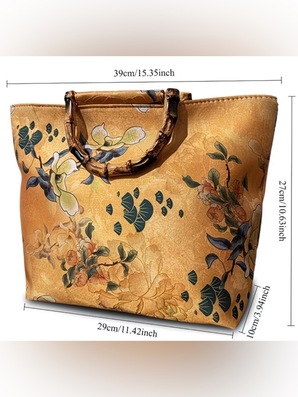 Yellow and Gold Floral Tote Bag with Bamboo Handle - Picture 2 of 3